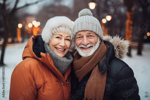 Generative AI portrait of retired couple in winter scene Christmas time hugging spend time © Tetiana
