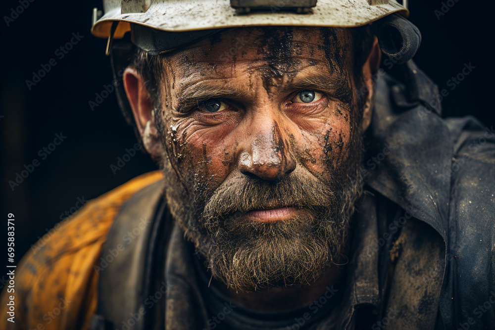 Generative AI picture of man dressed in dirty work overalls and hard hat working in a mine cave Generative AI picture of man dressed in dirty work overalls and hard hat working in a mine cave