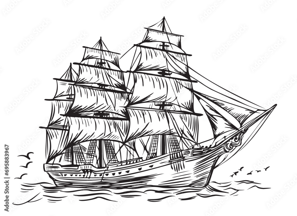 Retro pirate ship cartoon sketch hand drawn nautical theme illustration - obrazy, fototapety, plakaty 