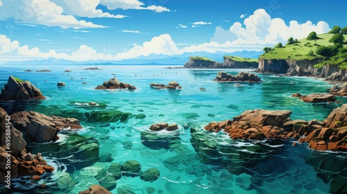 Aerial View Scene Sea Ocean Which, Background Banner HD, Illustrations , Cartoon style