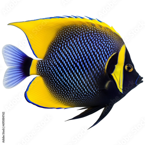 A blue and yellow fish is seen on a transparent background © Avalga