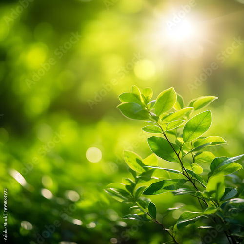 green leaf on blurred greenery background in garden and sunlight, green plants landscape, ecology.