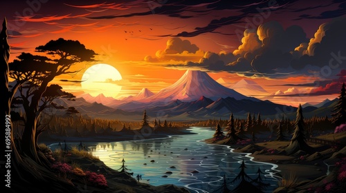 Amazing Sunset Light Color On Volcano  Background Banner HD  Illustrations   Cartoon style