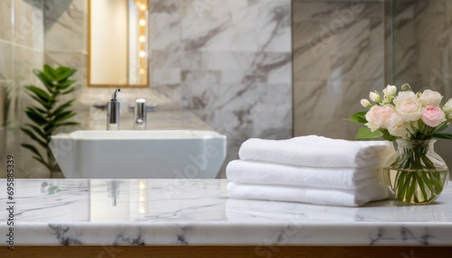 empty white marble countertop and wall with copy space place for mounting your product and blurred background of bathroom interior and towels