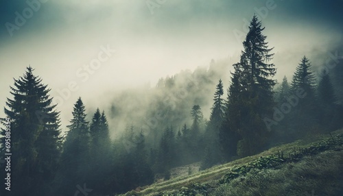 misty landscape with fir forest in vintage retro style generative ai
