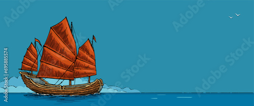 Junk floating on sea waves. Vintage vector engraving sailing ship.