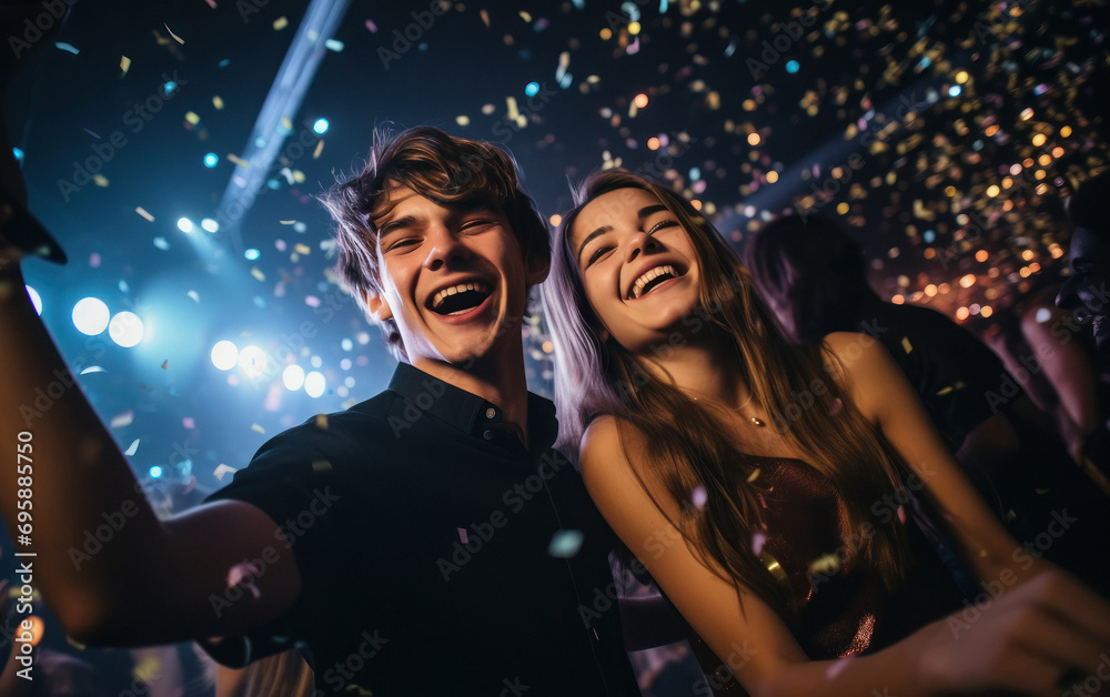 young couple, are laughing and joyful dancing at party