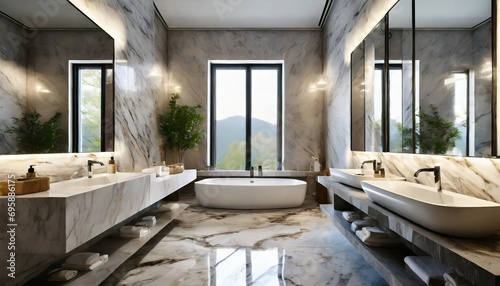 interior design marble bathroom sinks and window ai generative
