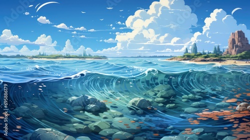 Beautiful Sea On Sunny Day Blue, Background Banner HD, Illustrations , Cartoon style