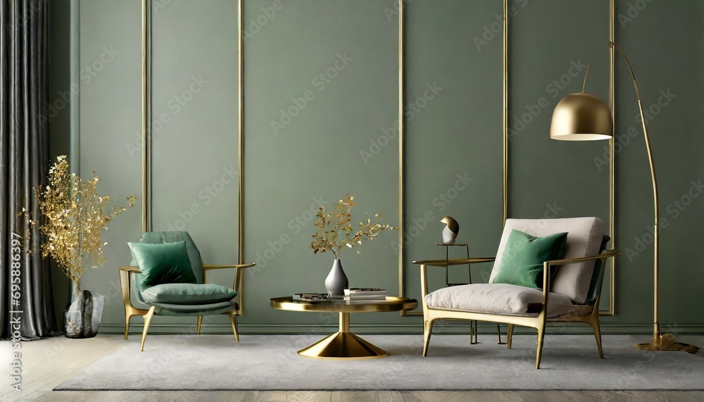 grey green living room lounge area chair with an accent gold table and