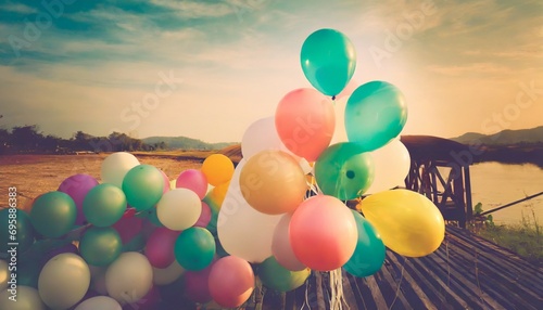 colorful balloons done with a retro instagram filter effect concept of happy birth day in summer and wedding honeymoon party use for background vintage color tone style