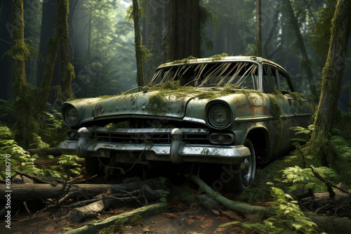 old wrecked car in the forest on the grass © Robin