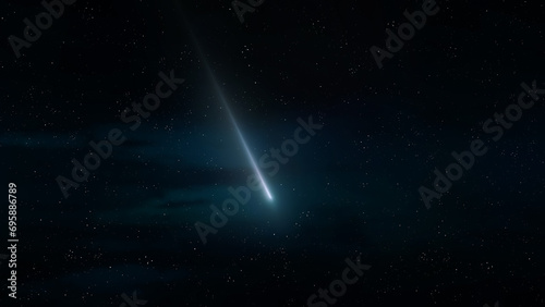 Bright meteor trail in the sky. Fireball on a dark background. Meteorite falling, scientific astrophotography.