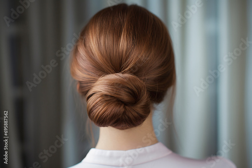 Back view of brunette woman with hair styled in elegant bun