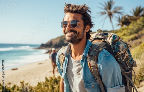 Smiling Man with Backpack on Sunny Beach. Cheerful bearded man in sunglasses and casual attire with a backpack enjoying the sunny beach atmosphere.