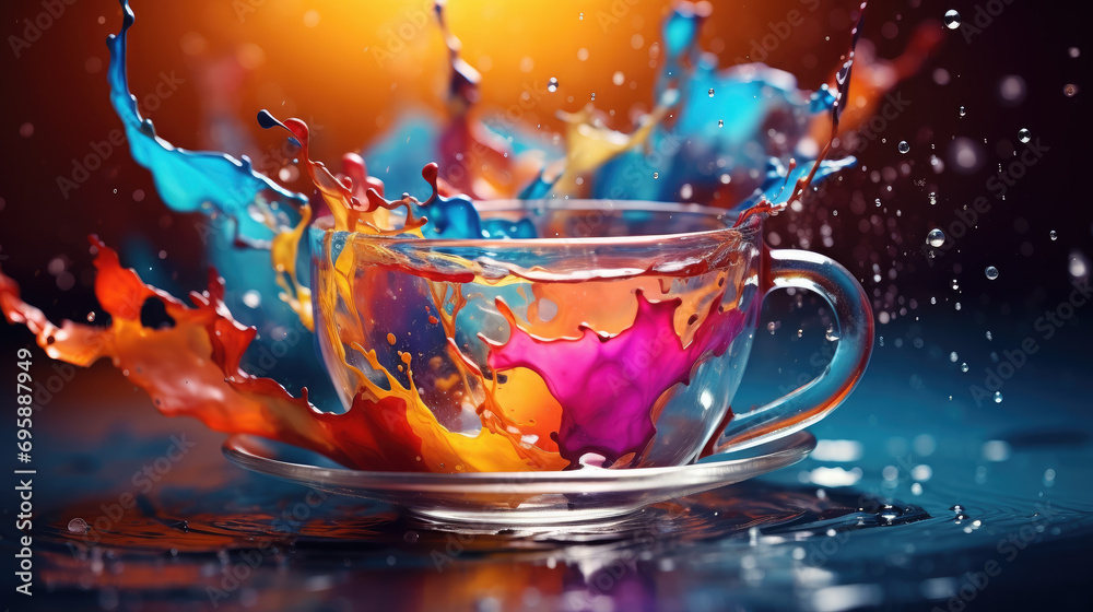 splashes of oil paint from a glass on a colored blurred background, artistic, art, creative, gouache, oil, acrylic, watercolor, strokes, stains, illustration, studio, workshop, space for text