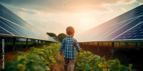 Little one touching the solar panel system. Human interaction with solar energy systems committed to sustainability and renewable energy. photo