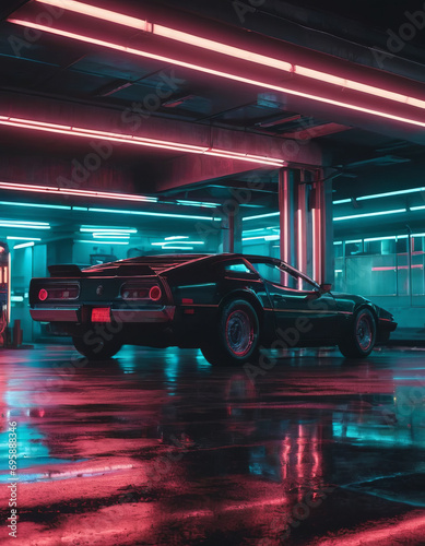 A black sports car parked in a neon-lit parking garage. The muscle car is a classic model with a sleek design and the garage is bathed in pink and blue light.