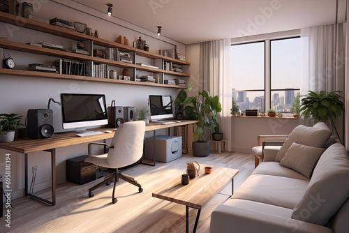 Modern home office in the living room  Convenient  comfortable  nice place to work  Remote work from home  Minimal interior decor design background.