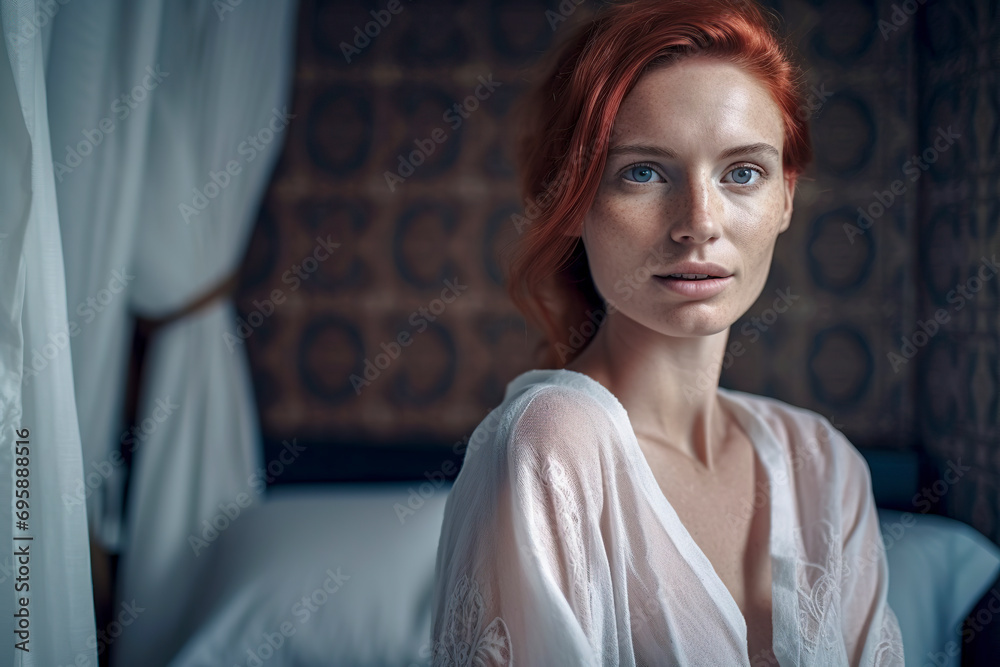 A young pretty woman in white sits by a bed against a patterned wall, in a serene, softly-lit room, ai generative