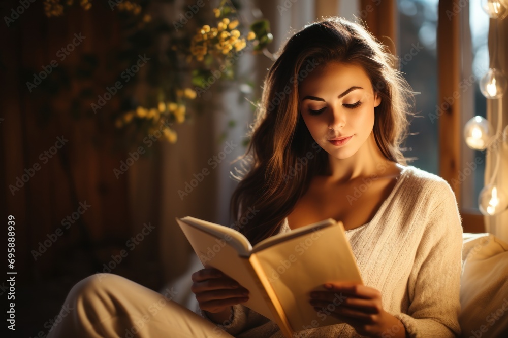 young woman resting at home Sit and read on the sofa with warm light at night young woman resting at home Sit and read on the sofa with warm light at night