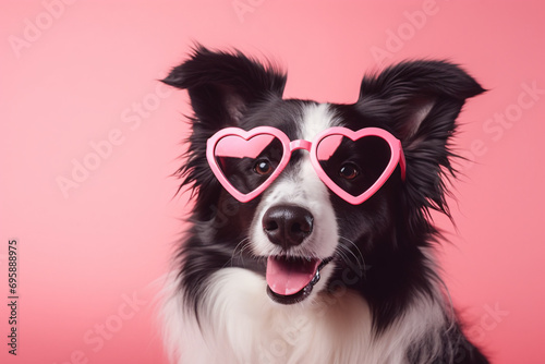Cute Border Collie dog with pink heart shaped Valentine's day glasses in front of pink background © Firn