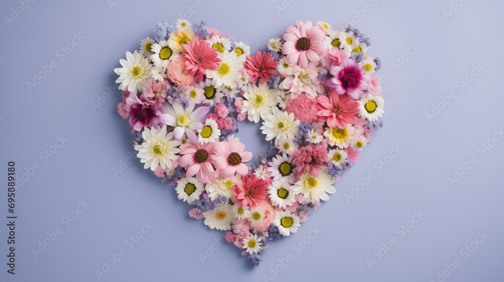 heart shape frame made of pastel color flowers isolated on background as valentines day card