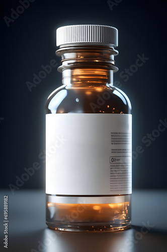 Glass medicine bottle with blank label on dark background.