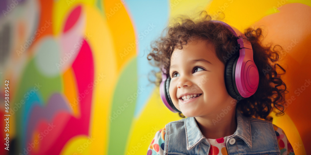 A little girl wearing headphones and smiling A little girl wearing headphones and smiling
