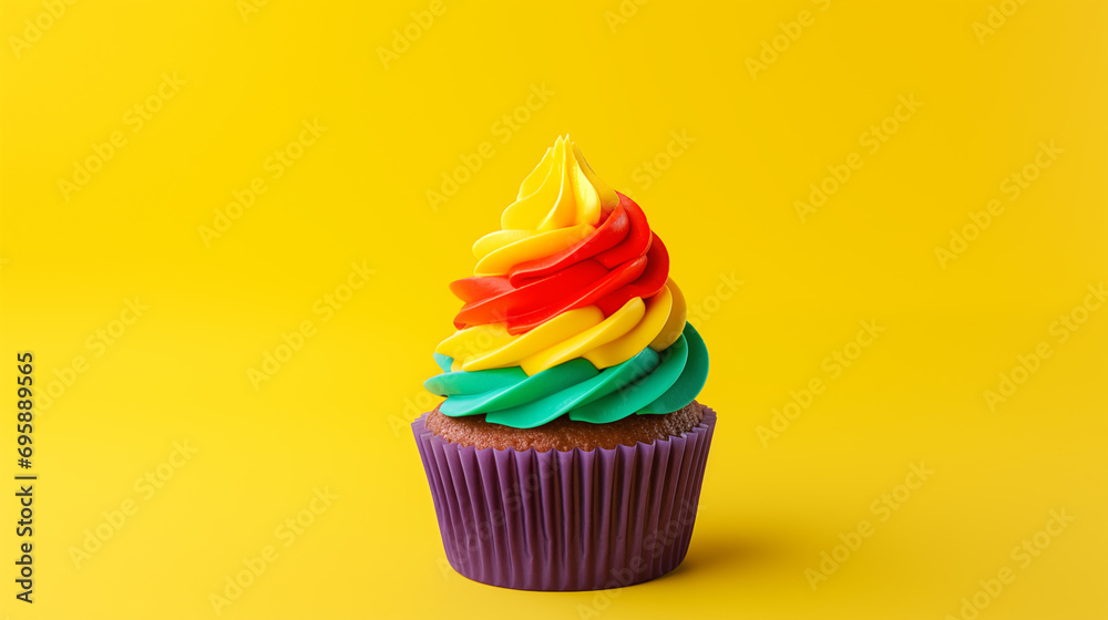 rainbow color cupcake isolated on a yellow background. happy pride month concept. lgbt+ topic background. beautiful natural light rainbow color cupcake isolated on a yellow background. happy pride month concept. lgbt+ topic background. beautiful natural light
