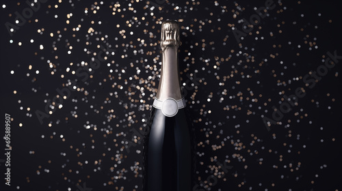 New Year Celebration - blank silver champagne bottle on a black background with confetti