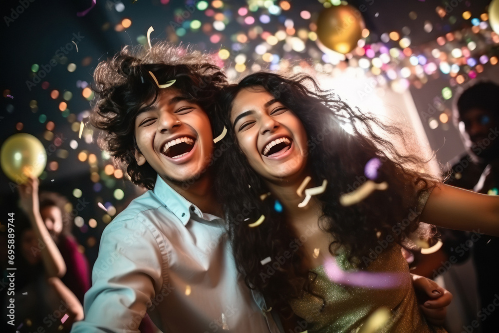 young Indian couple, are laughing and joyful dancing at party