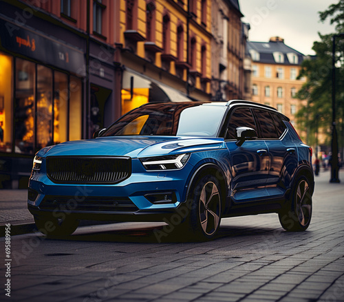 Blue compact SUV car with sport and modern design parked on concrete road by the sea at sunset. Environmentally friendly technology. Business success concept. © Nataliia