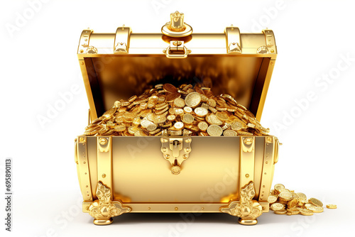 Open golden treasure chest isolated on white 3D rendering