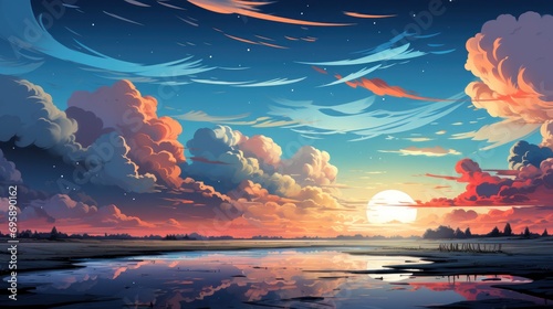 Clear Blue Sky Sunset Horizon, Background Banner HD, Illustrations , Cartoon style