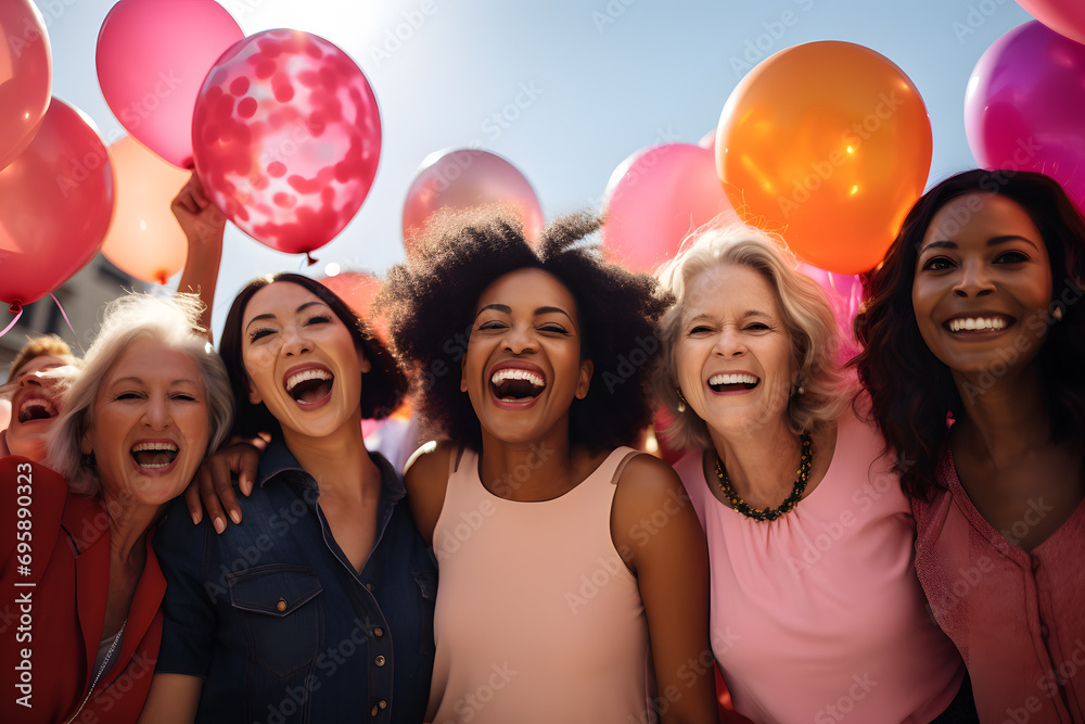 Group of diverse women having fun with balloons on a sunny day ai generated art