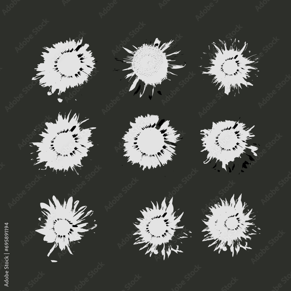 Stylized brush flowers vector set. Ink drawing flowers and plants, monochrome artistic botanical illustration. Isolated botanical elements, hand drawn illustration. Black ink brush strokes textures.