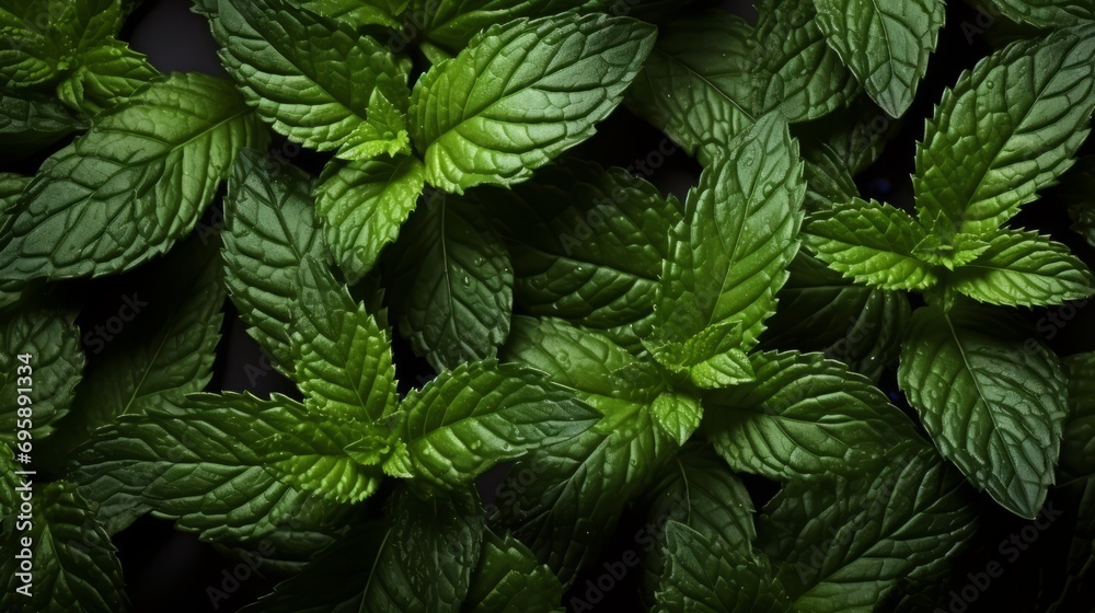 Generated AI. A close-up shot of pepper mint leaf surface, texture background. - obrazy, fototapety, plakaty 