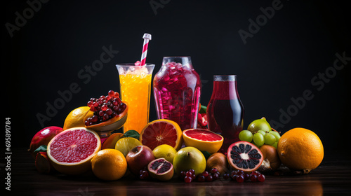 Soft drinks and fruits on a dark background