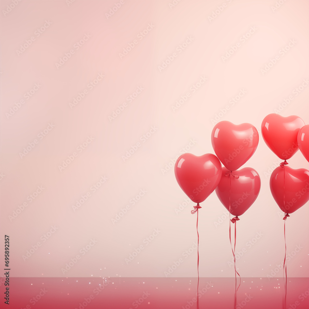 Red heart balloons on a pastel pink background. Valentine's concept.
