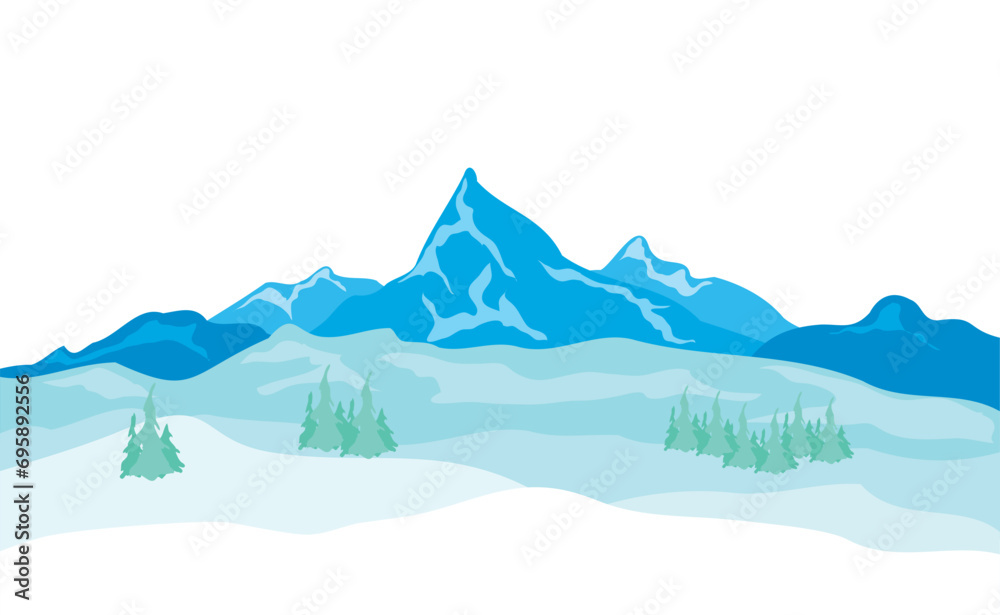 Mountain landscape near a snowy plain with Christmas trees. Winter and cold season, winter forest near snowy mountains, travel tourism and recreation. Winter banner, poster, background