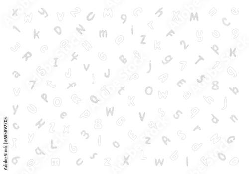 Backdrop from alphabet letters, hatched and outline symbols in a sketch. Hand drawn abc font. Isolated vector illustration on white background