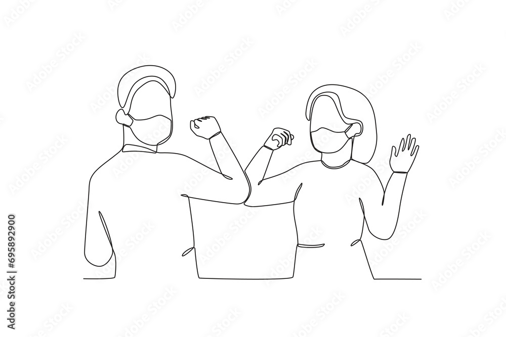 One continuous line drawing of Male and female employees shake elbows to reduce the spread of disease. Hospital health care concept single line draw design vector illustration
One continuous line drawing of Male and female employees shake elbows to reduce the spread of disease. Hospital health care concept single line draw design vector illustration