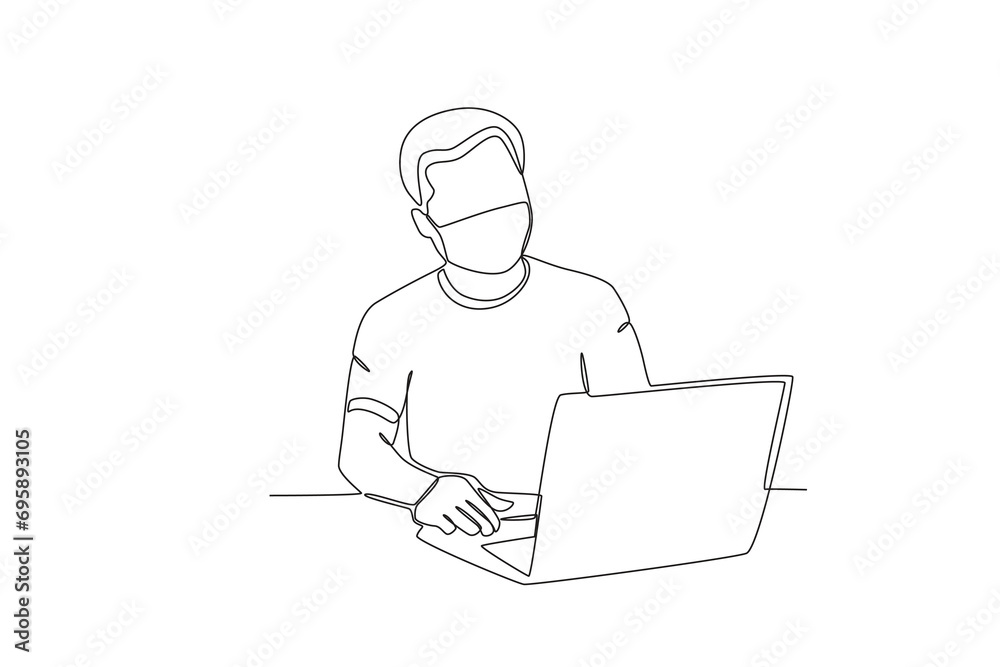 One continuous line drawing of Male employee working on laptop in office wearing mask. Hospital health care concept single line draw design vector illustration
One continuous line drawing of Male employee working on laptop in office wearing mask. Hospital health care concept single line draw design vector illustration