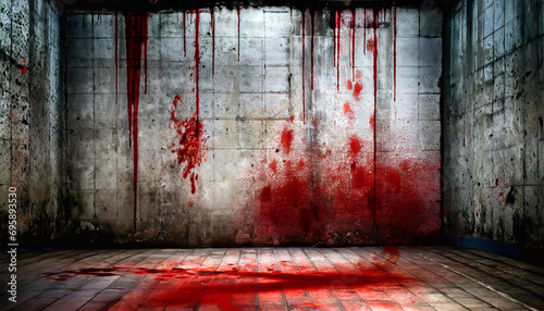 Bloody background scary empty square room as grunge dirty concrete wall and floor with blood stains, concept of horror and Halloween