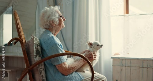 Senior woman, window and dog in house for vision, memory or thinking for care, love or rocking chair. Elderly person, pet or animal in house, retirement or peace for calm for idea, remember or choice photo