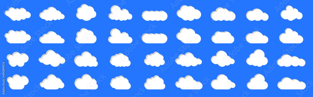 Clouds in the sky with shadow. Abstract white set of clouds isolated on a blue background. Vector illustration. Clouds in the sky with shadow. Abstract white set of clouds isolated on a blue background. Vector illustration.