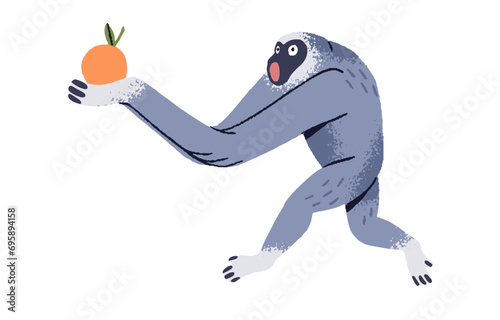 Funny gibbon carrying orange. Emotional monkey with fruit in hand. Shocked primate running with open mouth. Surprised lesser ape. Jungle animal. Exotic fauna flat isolated vector illustration on white