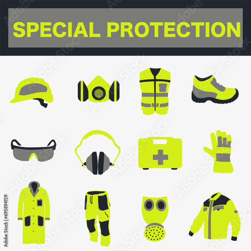 Work uniform. Professional protective clothing, boots and safety helmet. Various items of special protective clothing.