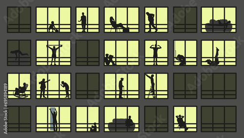 City window at night. Vector illustration of apartment buildings with windows. Different life situations, view from the window.